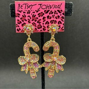 EARRINGS! Betsey Johnson Candy Cane Earrings BNWT AB Crystals Pink &Gold